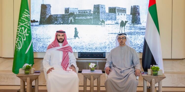 الأمير خالد بن سلمان يبحث في أبوظبي مع الشيخ منصور بن زايد تعزيز العلاقات الثنائية وأمن المنطقة